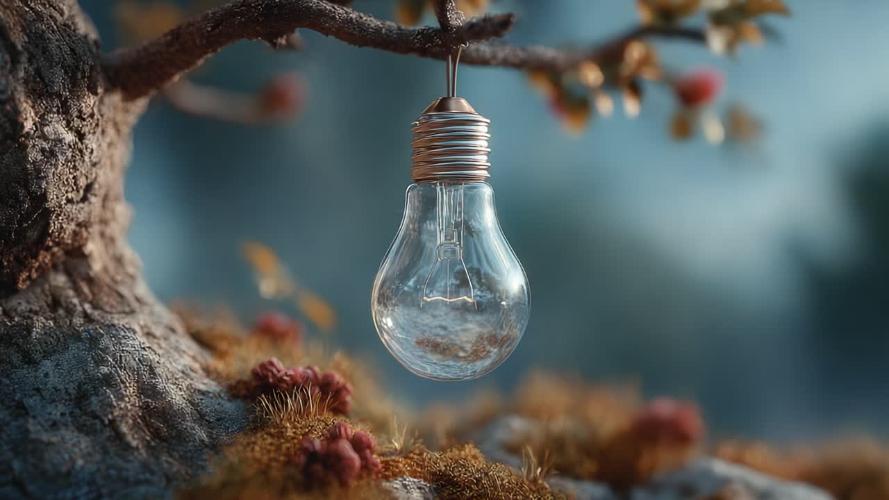 A Captivating Transformation of a Light Bulb Hanging from a Tree Branch, Symbolizing Innovation and Nature's Harmony, Emitting Warm Glow in an Enchanting Environment