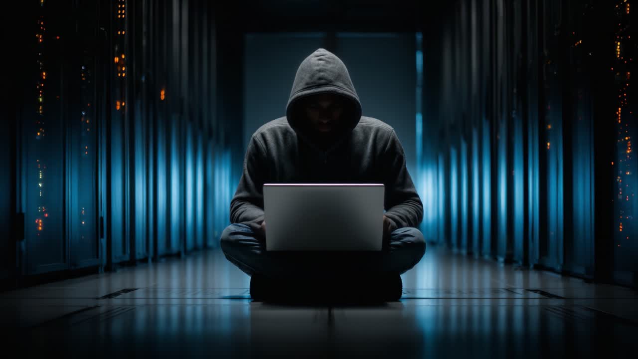 Una figura solitaria con una felpa con cappuccio siede a gambe incrociate davanti a un laptop luminoso, circondata da file di server dati in ombra che illuminano il corridoio buio in un ambiente tecnologico.