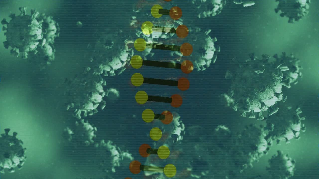Animazione di DNA 3D che ruota con un virus su un'interfaccia digitale