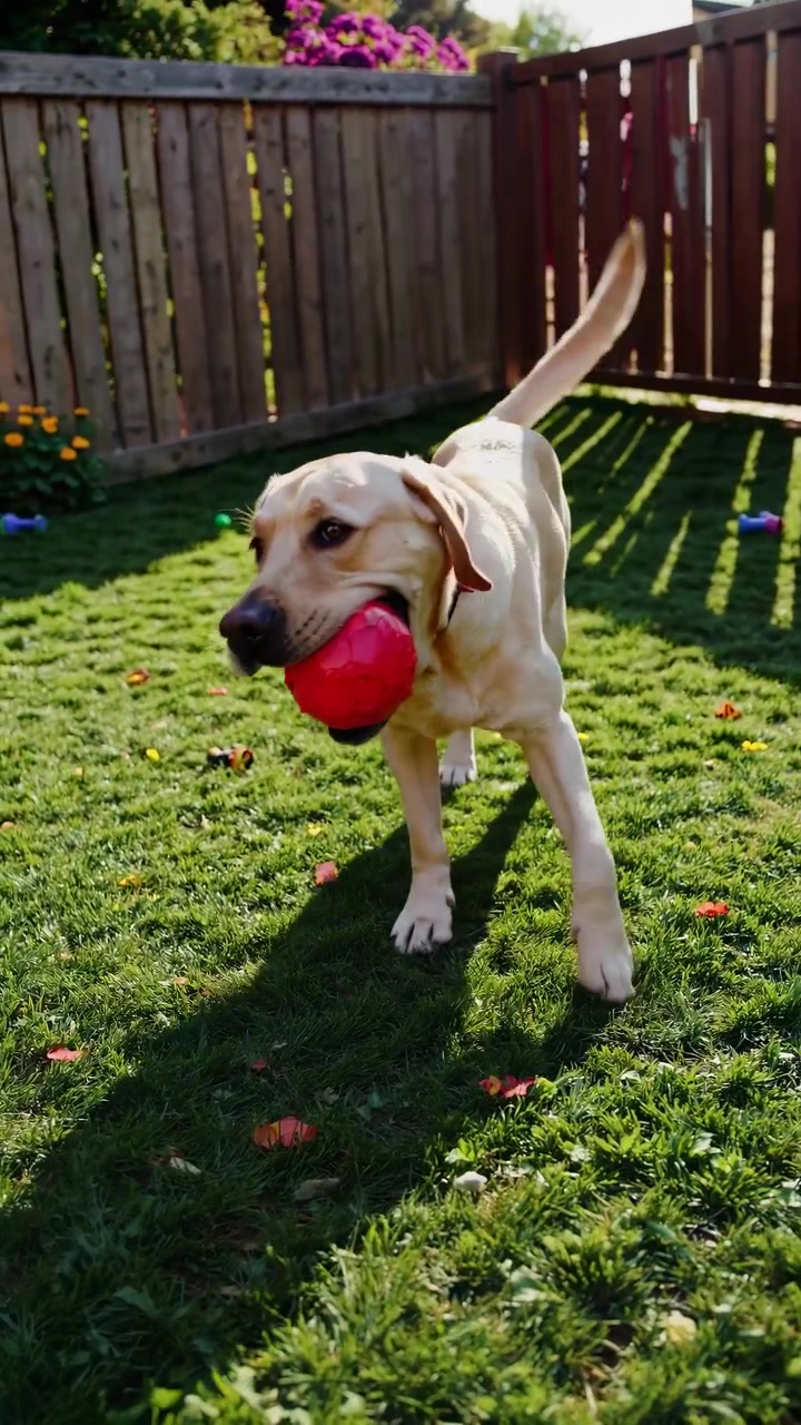 Cane Labrador Retriever giallo felice che cammina con una palla rossa in un cortile soleggiato