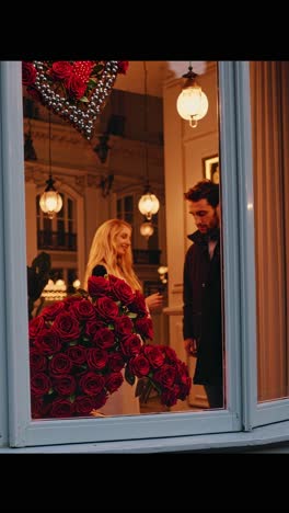 romantic couple at a window with roses