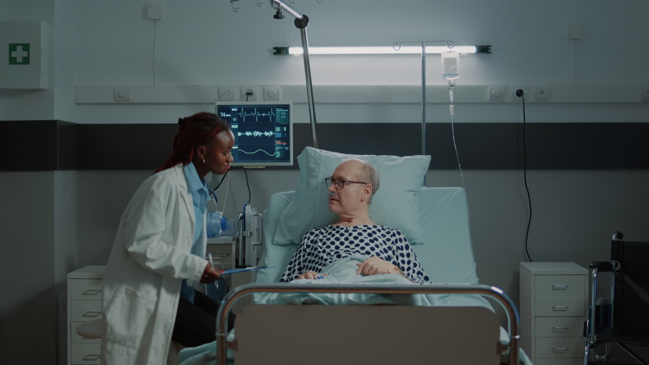 African american doctor checking tests for sick patient
