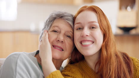 Adult-daughter,-mother-and-love-with-faces-smile