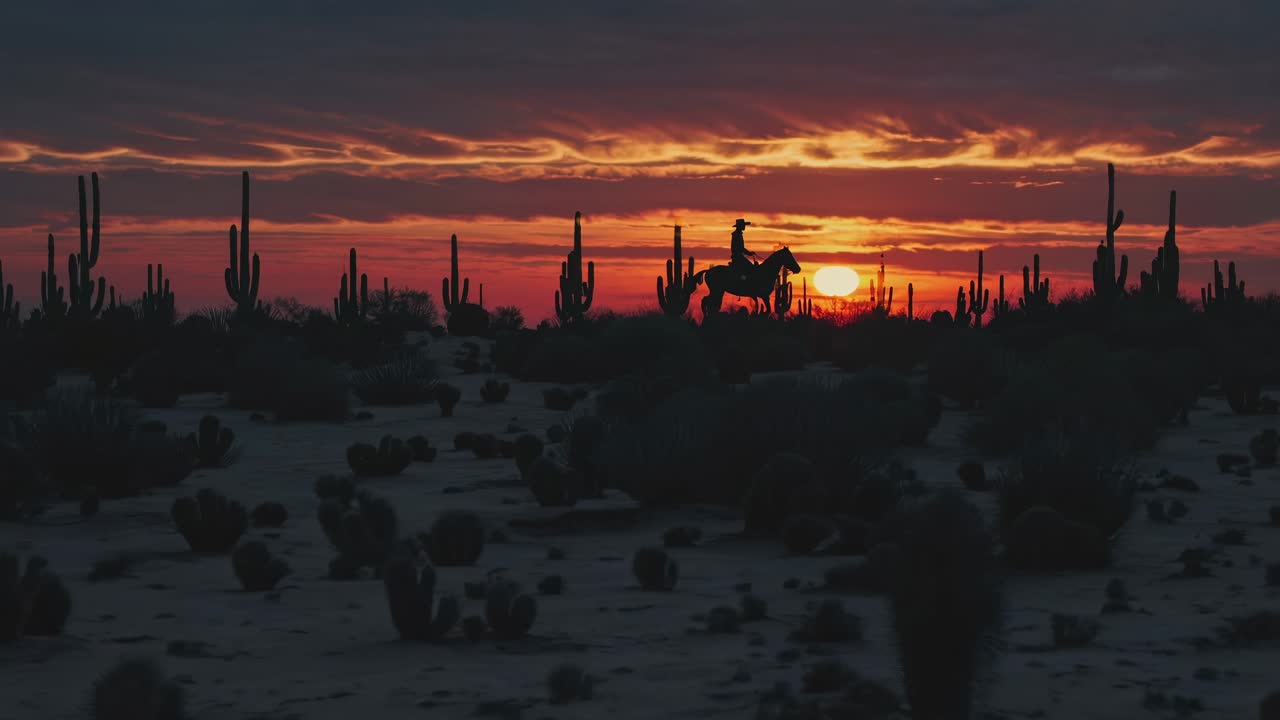 Cowboy on Horseback Silhouetted Against a Dramatic Desert Sunset