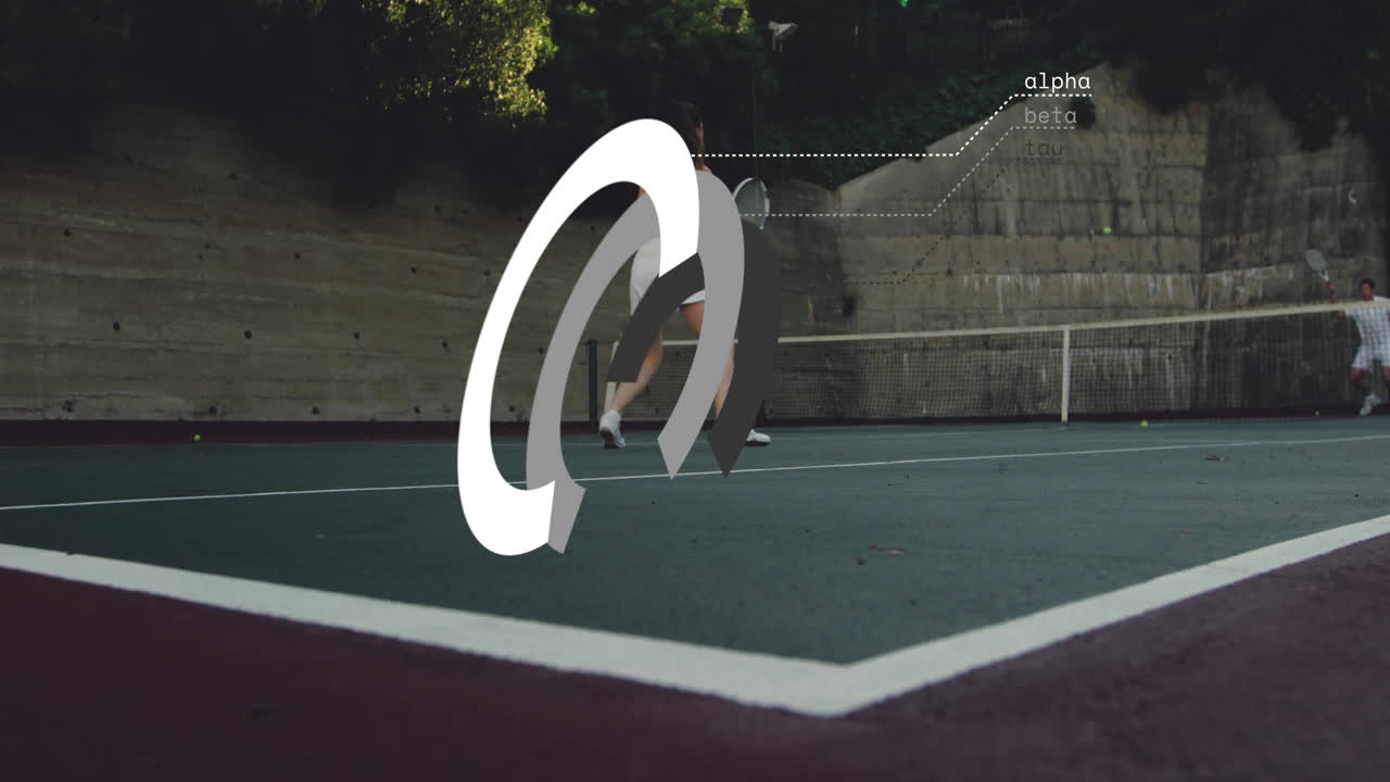 female tennis player swinging racket on hardcourt, with animated health metrics and speed graph