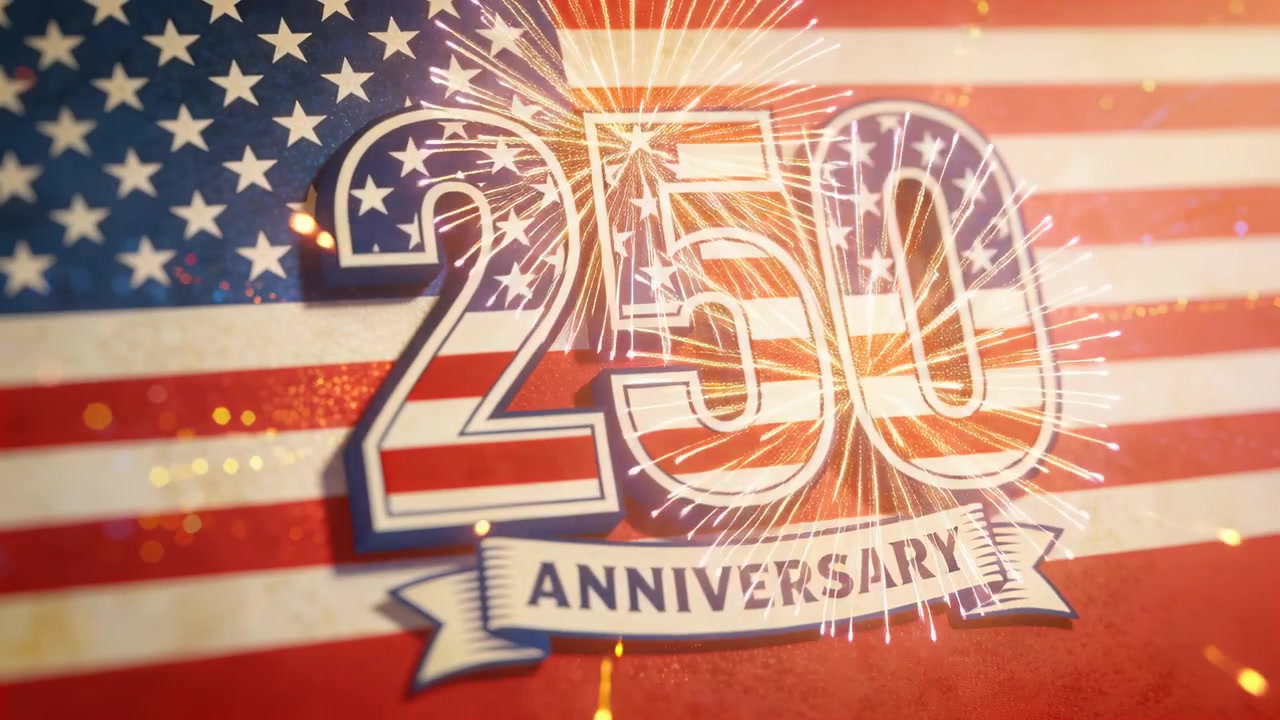 Animazione di numeri 3D 250 dopo uno scoppio di fuochi d'artificio, che brillano sopra la bandiera americana per un anniversario