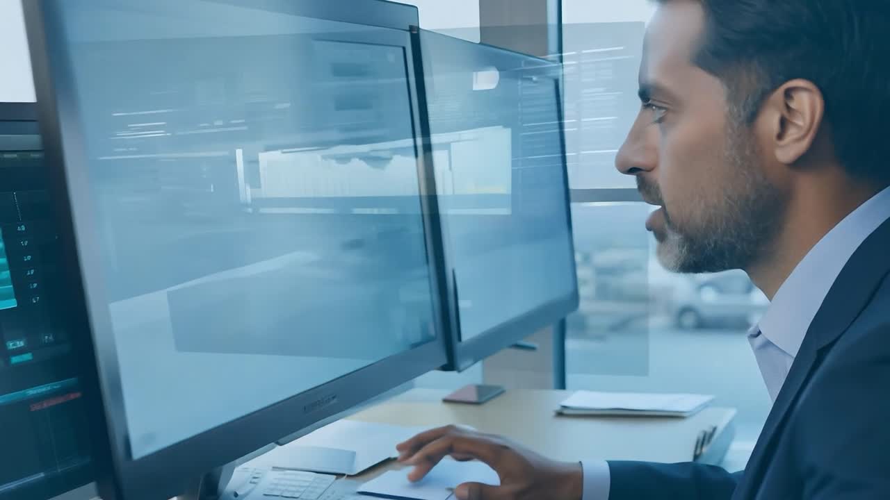 hombre de negocios analizando datos financieros en múltiples monitores de computadora