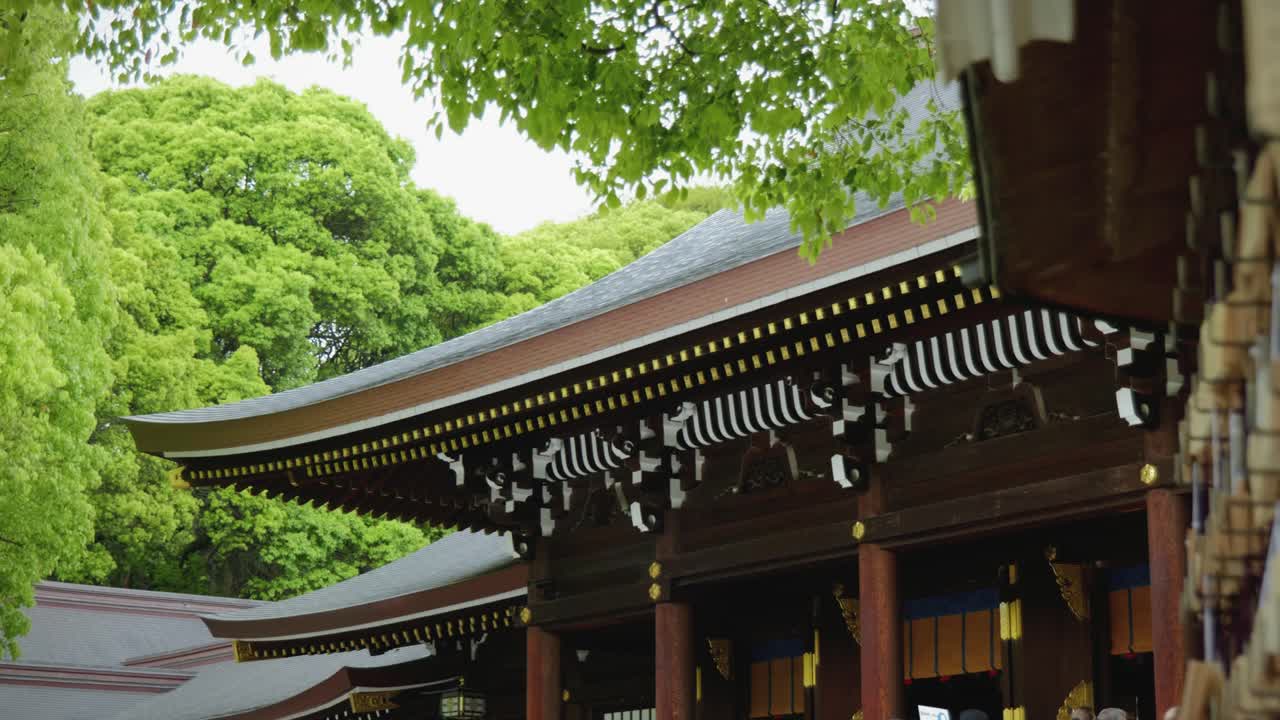 Footage of Meiji Jingu Shrine Temple in the Meiji Sanctuary Park in Tokyo, Japan