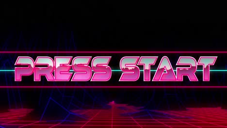 Animation-Des-Press-Start-Textes-In-Metallischen-Rosa-Buchstaben-über-Blauem,-Neonleuchtendem-Netz