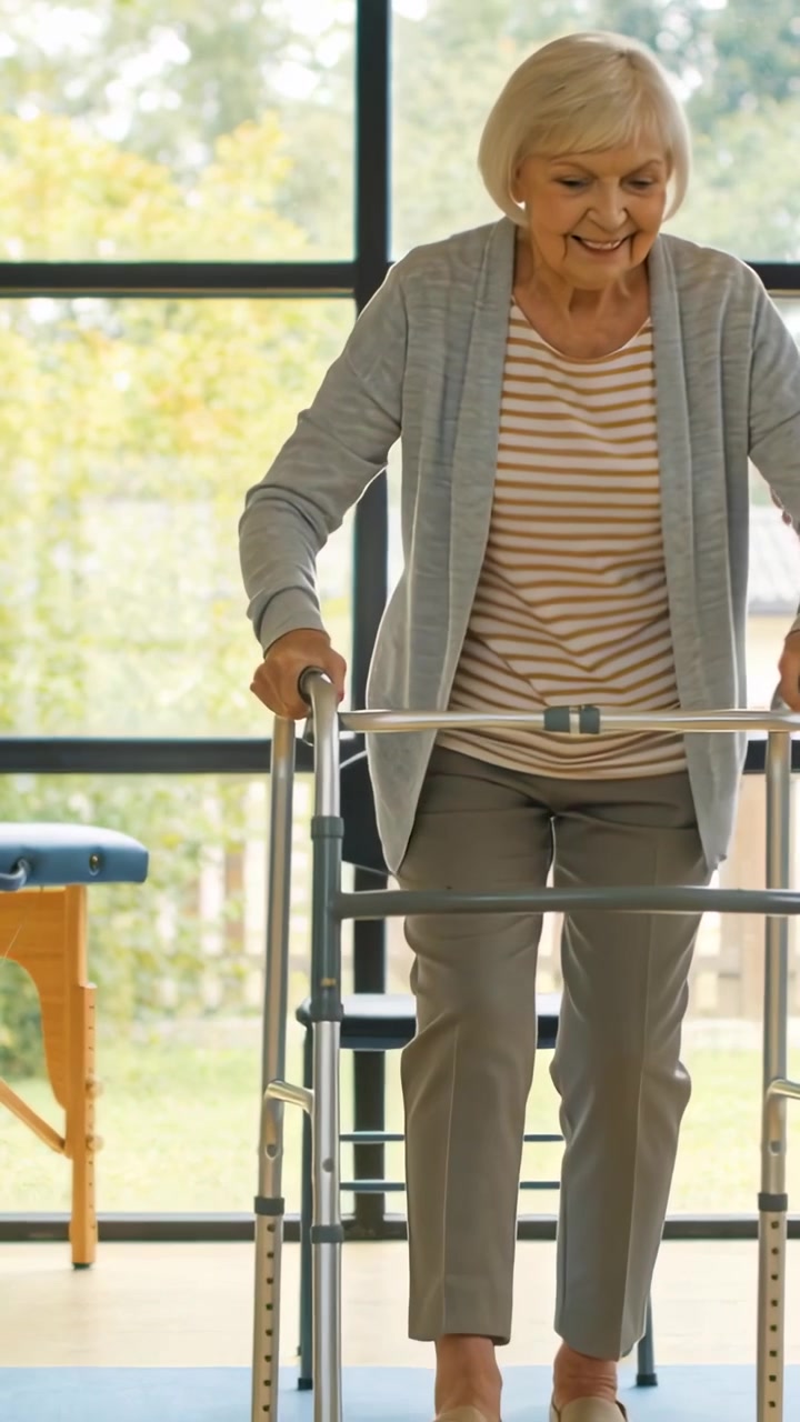Vertikal video: Griber rollator, ældre kvinde i cardigan tager skridt i terapirum for mobilitet