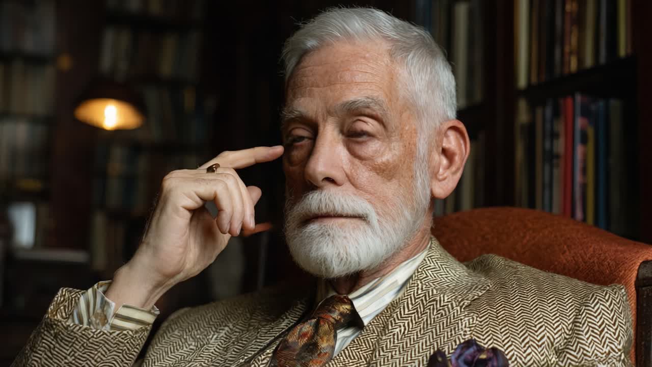 A Wise Gentleman in Contemplation: Exploring Depth and Emotion through the Timeless Expression of Experience with Classic Style and Thoughtful Reflection