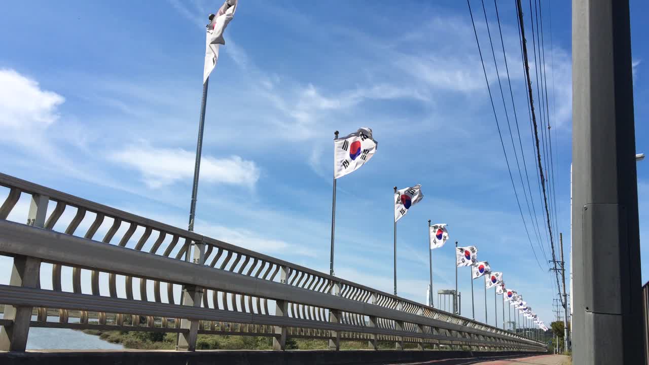 A bridge with flags flying in Ansan, Sangnok, Gyeonggi-do, South Korea