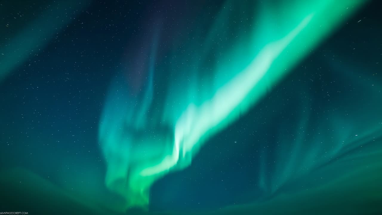 Opening starry sky, aurora borealis light display swirling, pulsing and fading across polar horizon