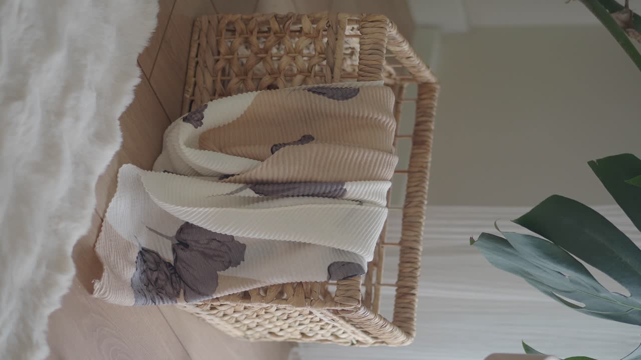 Still life with basket, fabric, and plant