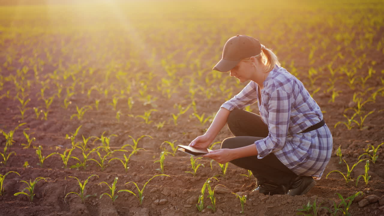 una agricultora está trabajando en el campo al atardecer estudiando brotes de plantas fotografiándolos usando en