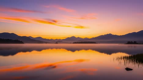 A Majestic Sunrise Over a Serene Lake Reflecting Colorful Skies and Mountains, Creating a Tranquil Atmosphere Perfect for Nature Lovers and Photographers