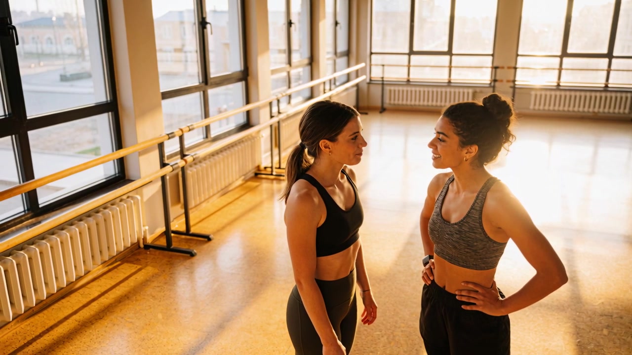 Facing each other, two women in sport tops and leggings smiling chatting in sunlit studio, tracker