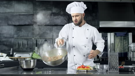 chef cooking food in frying pan in kitchen