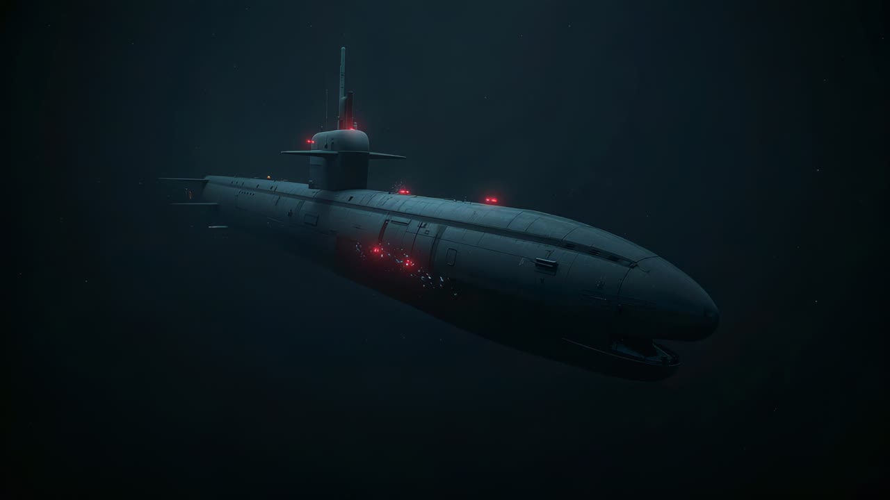 Snorkel vent activating submarine releasing plume as exhaust, moving in deep ocean with red lights