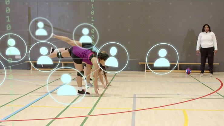 Pair doing flips, lead lifting leg sparking rising avatar digits blocking view during sports drill