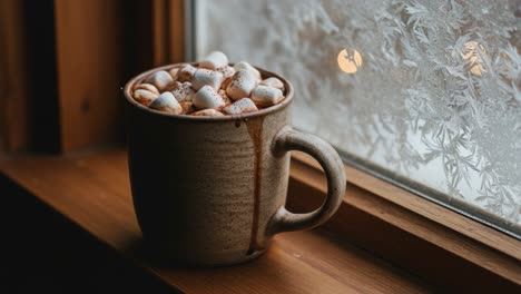 a cozy winter scene featuring a mug of hot chocolate topped with marshmallows, set against a frosted window with soft, warm lighting