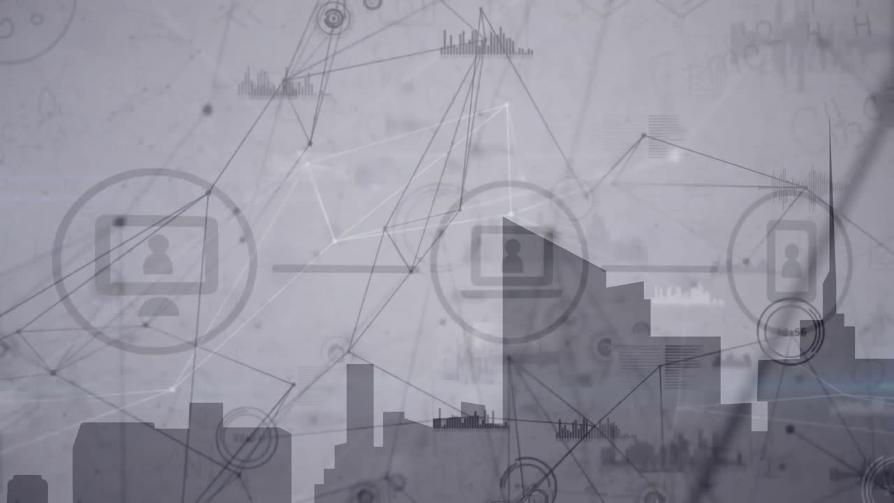 animación del procesamiento de datos financieros sobre el paisaje urbano