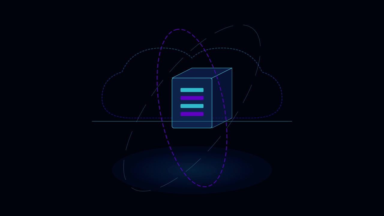 Kubus Server Digital dengan Animasi Jaringan Awan Berputar