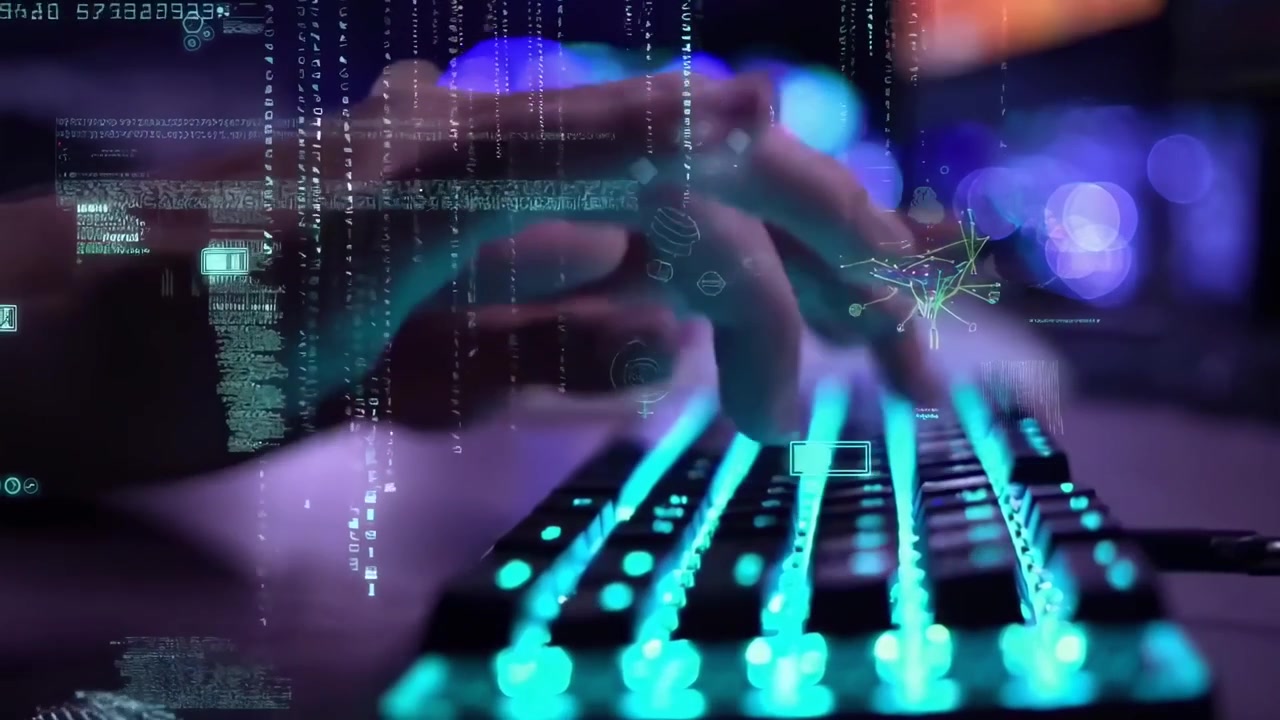 Person Typing on Illuminated Keyboard with Digital Data Overlays