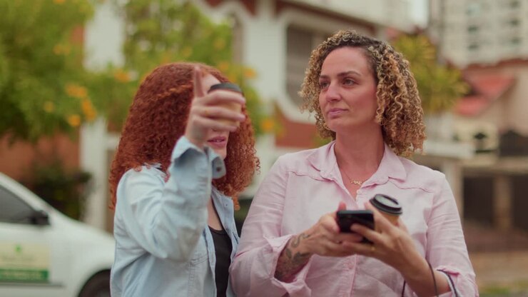 Dvě ženy si povídají a používají chytrý telefon venku
