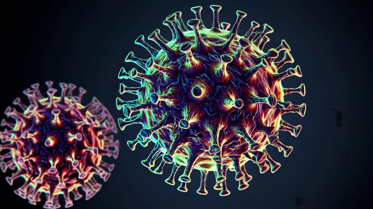 A close-up, 3D-rendered video still of a virus, showcasing vibrant, iridescent colors and intricate