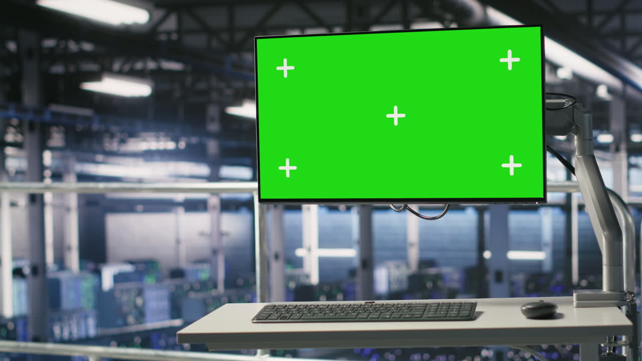 Elevated industrial data center control station green screen