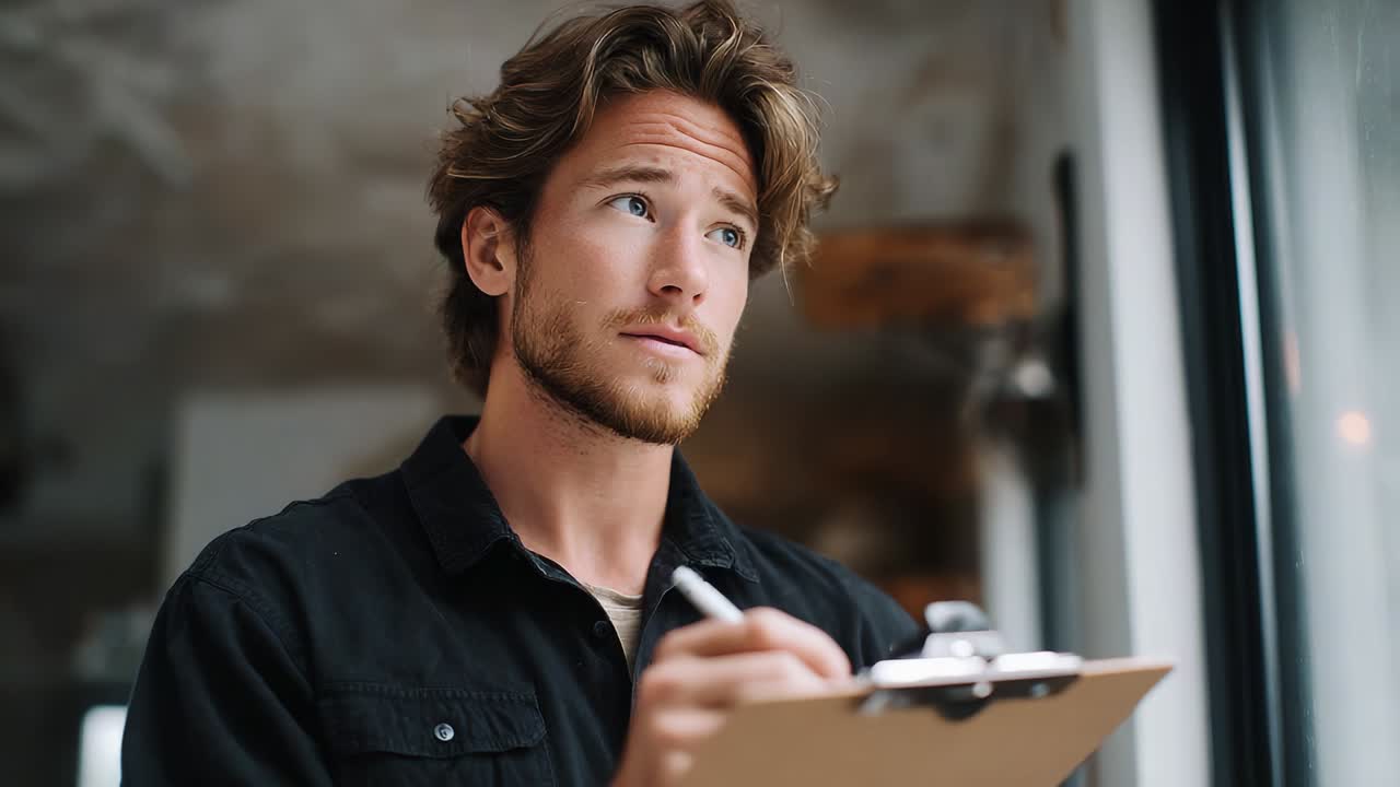 Thoughtful young man with tousled hair and a clipboard in hand gazes out the window, contemplating ideas and notes during a quiet moment of reflection and creativity in a serene indoor setting