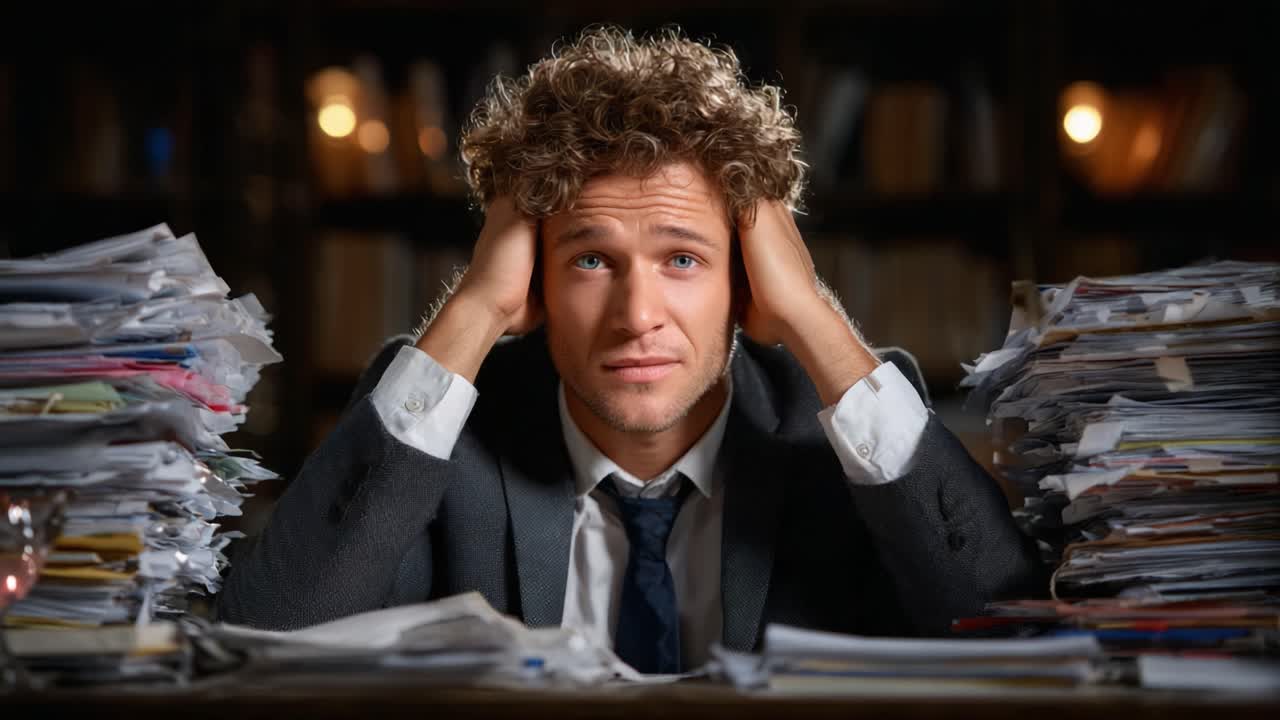 A Frustrated Individual Surrounded by Piles of Paperwork Struggles to Manage Overwhelming Stress in a Chaotic Office Environment