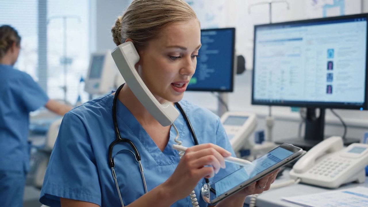 Professionista sanitario impegnato nella comunicazione con il paziente e nella gestione dei dati in un moderno ambiente medico che utilizza la tecnologia per cure efficienti.