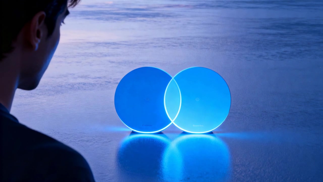 Man in short-sleeved shirt watching blue discs on reflective floor as rim light shifts, copy space