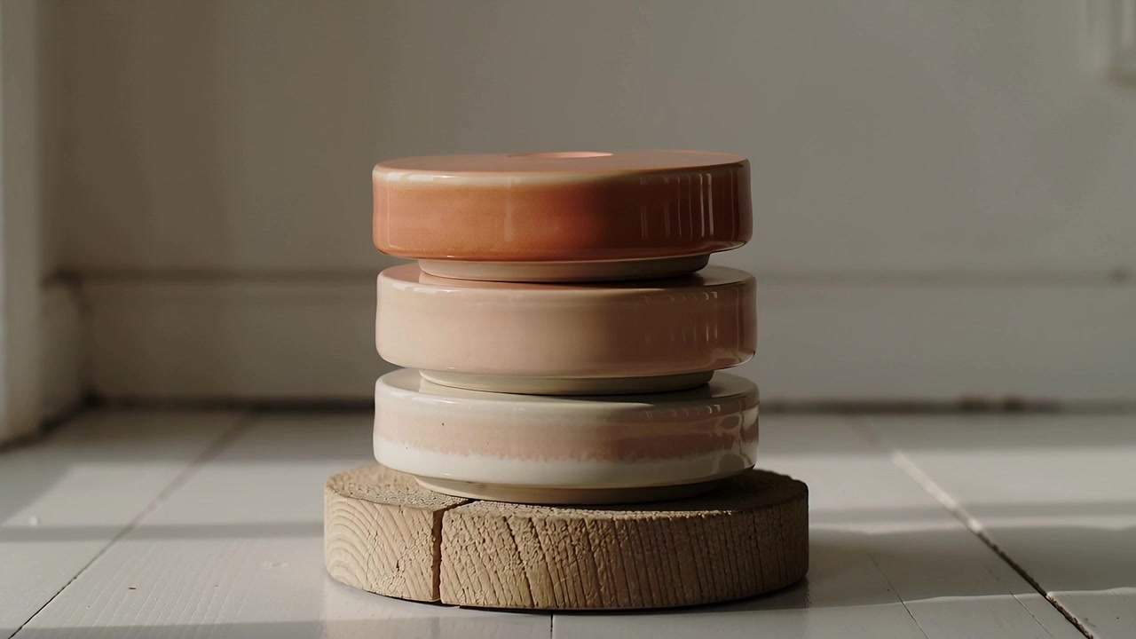 Moving sunlight causing four-piece stack of glazed lids rotating, settling on tiled floor