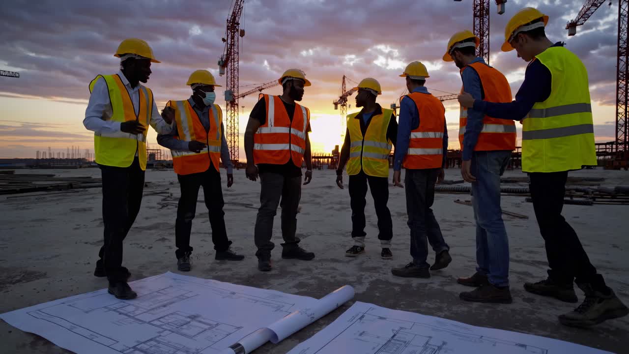 Wide-angle shot of construction workers in safety gear discussing blueprints at sunset