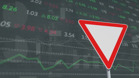 animation of financial data processing over no entry road sign and city