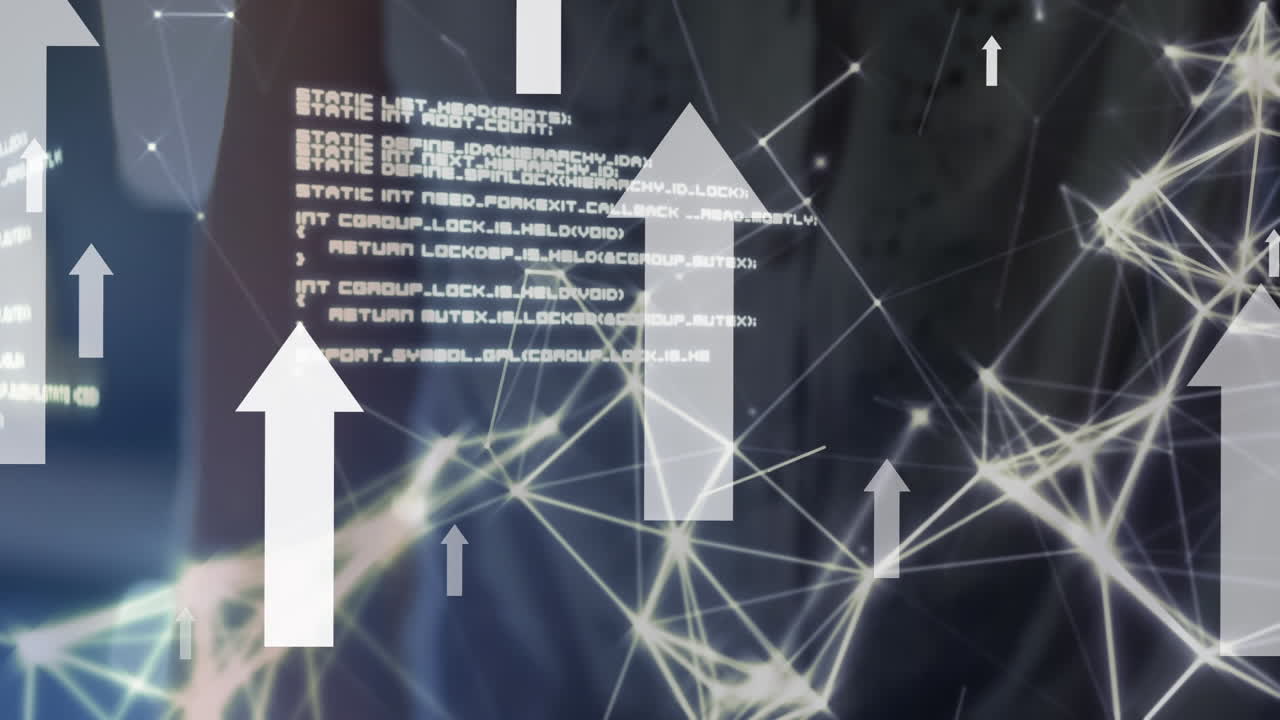 태블릿과 vr 헤드 ⁇ 을 사용하는 여성에 대한 디지털 아이콘 및 데이터 처리 네트워크의 애니메이션