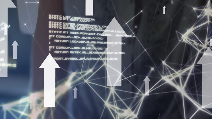 Animation of network of digital icons and data processing over woman using tablet and vr headset