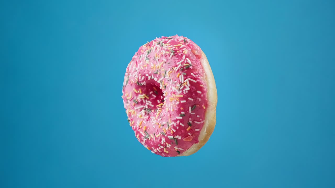 Ciambelle di diversi colori che cambiano su sfondo blu. Stop motion