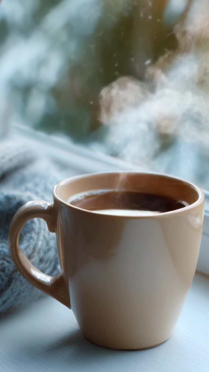 Un momento invernal sereno: Taza de café acogedora humeando junto a la ventana con nevada de fondo, perfecta para la relajación y la calidez durante los días fríos