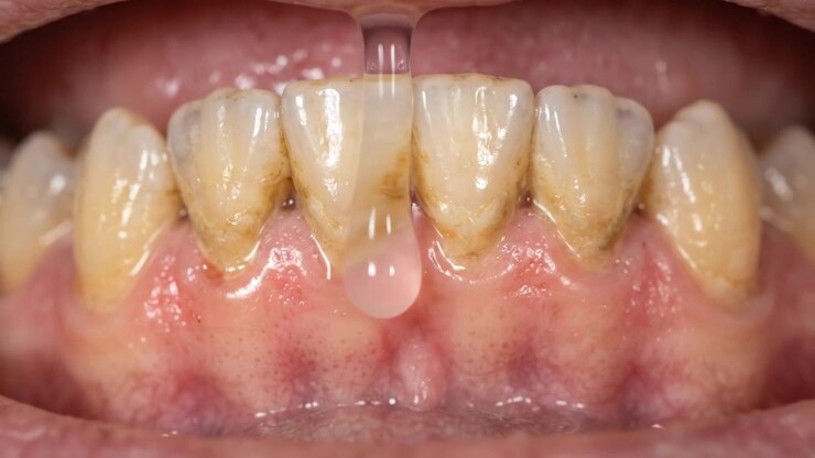 Close view of adult teeth with plaque and gum discoloration inside a modern professional medical environment