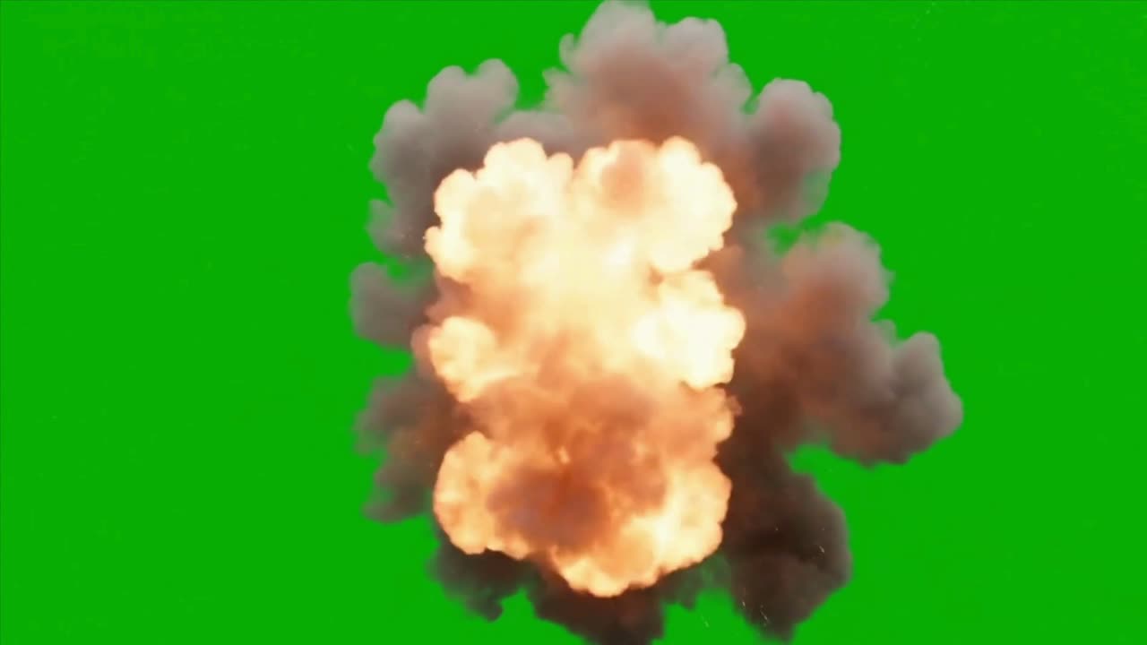Multiple Explosions with Fire and Rising Smoke on Green Screen