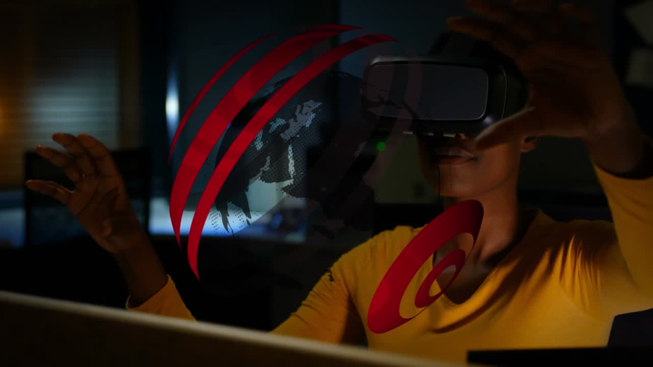 Animation of globe and circles over african american businesswoman using vr headset