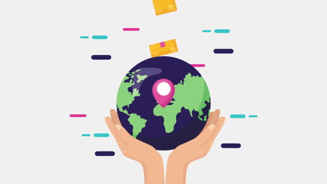 logistic service with hands lifting earth planet and boxes