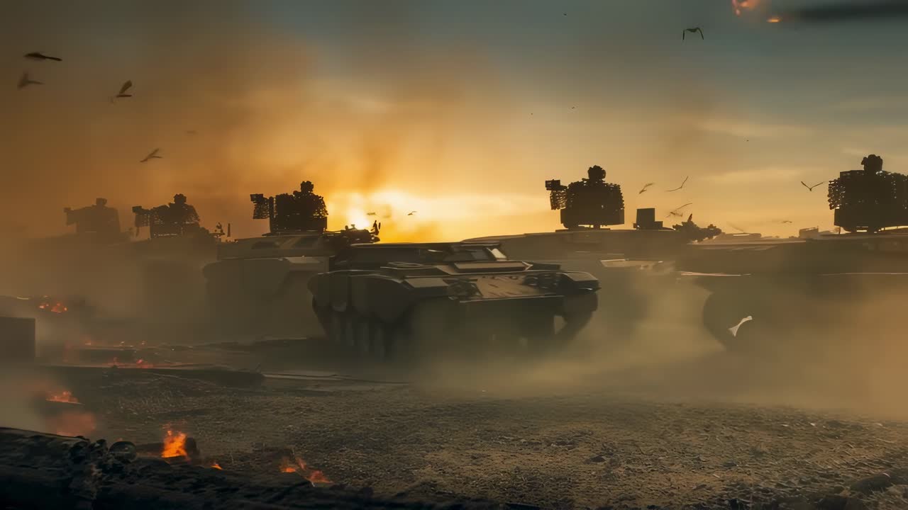 Military Tanks in a Desert Sunset