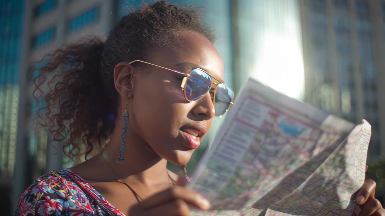 Close-up footage of a stylish young woman wearing sunglasses reading a paper city map outdoors, with modern glass buildings in the background on a sunny day