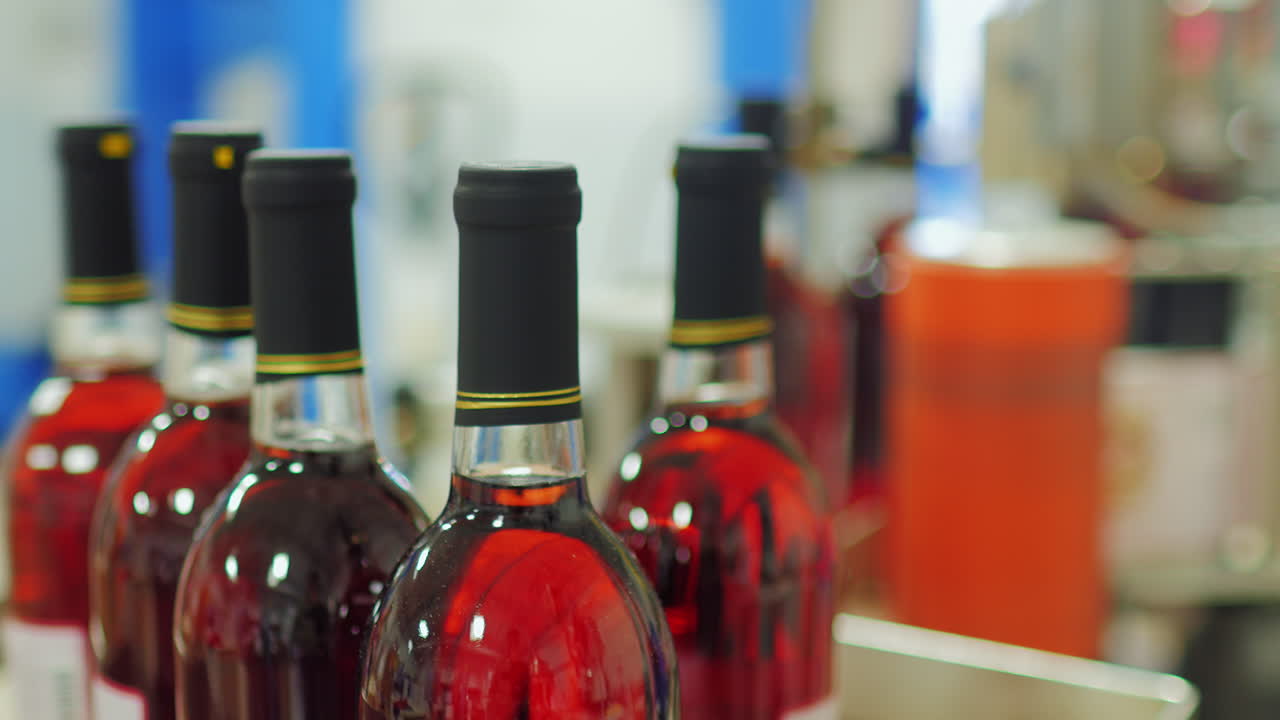 botellas de vino tinto se mueven en una cinta transportadora 6