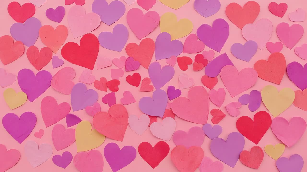 Sequenza di ritagli di cuori di carta che si spingono verso l'interno e si sovrappongono su un foglio rosa pastello per riempire l'inquadratura